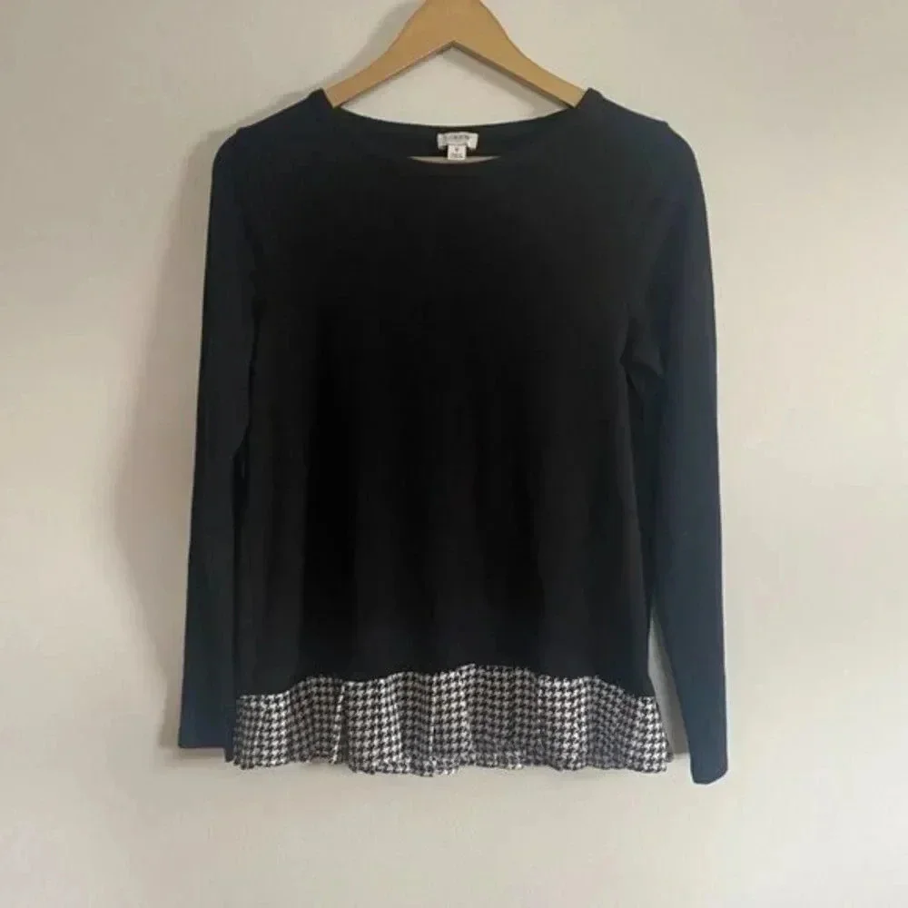 J Crew Black Top with Gingham Ruffle